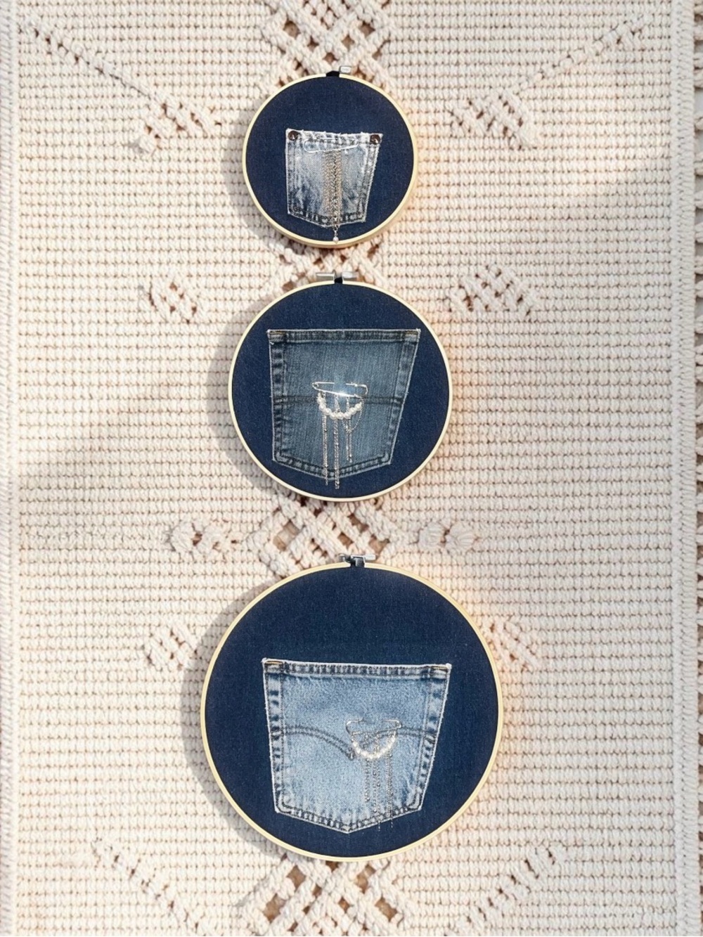 Framed Denim Pocket Wall Art Trio in Blue  Brooches and other items not includ